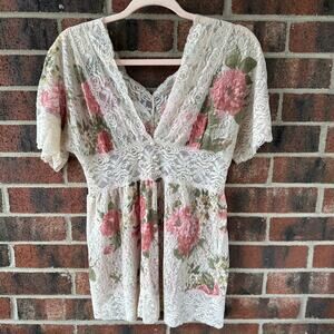 Lg Vintage Babydoll Lace Top USA Made Pink Rose VNeck Cottage Coquette Romantic